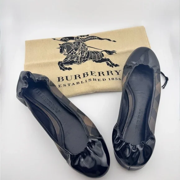 Burberry Nova Check Patent Leather Women's Black & Brown Checkered Ballet Flats - Picture 8 of 8